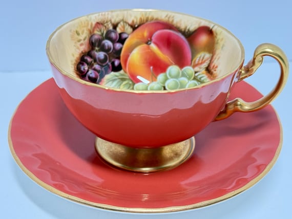 Aynsley Bone China Teacup, Orange Fruit Design, Gold Trim, English Tea Set