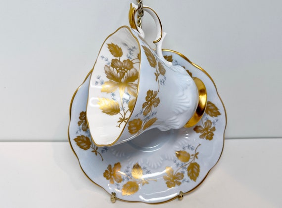 Royal Albert Teacup and Saucer, Blue Gold Tea Cups, English Bone China Cups, Gift for Her, Lyric Shape Teacup, Teatime Teacups