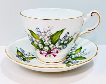 Lily of the Valley Teacup: Vintage English Bone China, Ribbon
