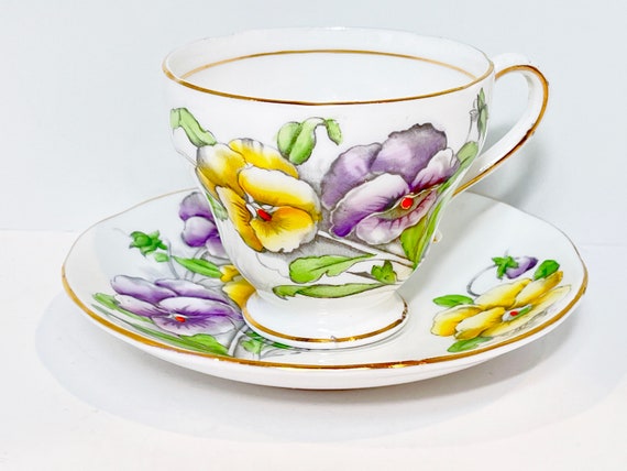Pansy Teacup, Salisbury Teacup and Saucer, English Bone China, Artist Signed, Floral Teacup, Gift for Her, Birthday Gift