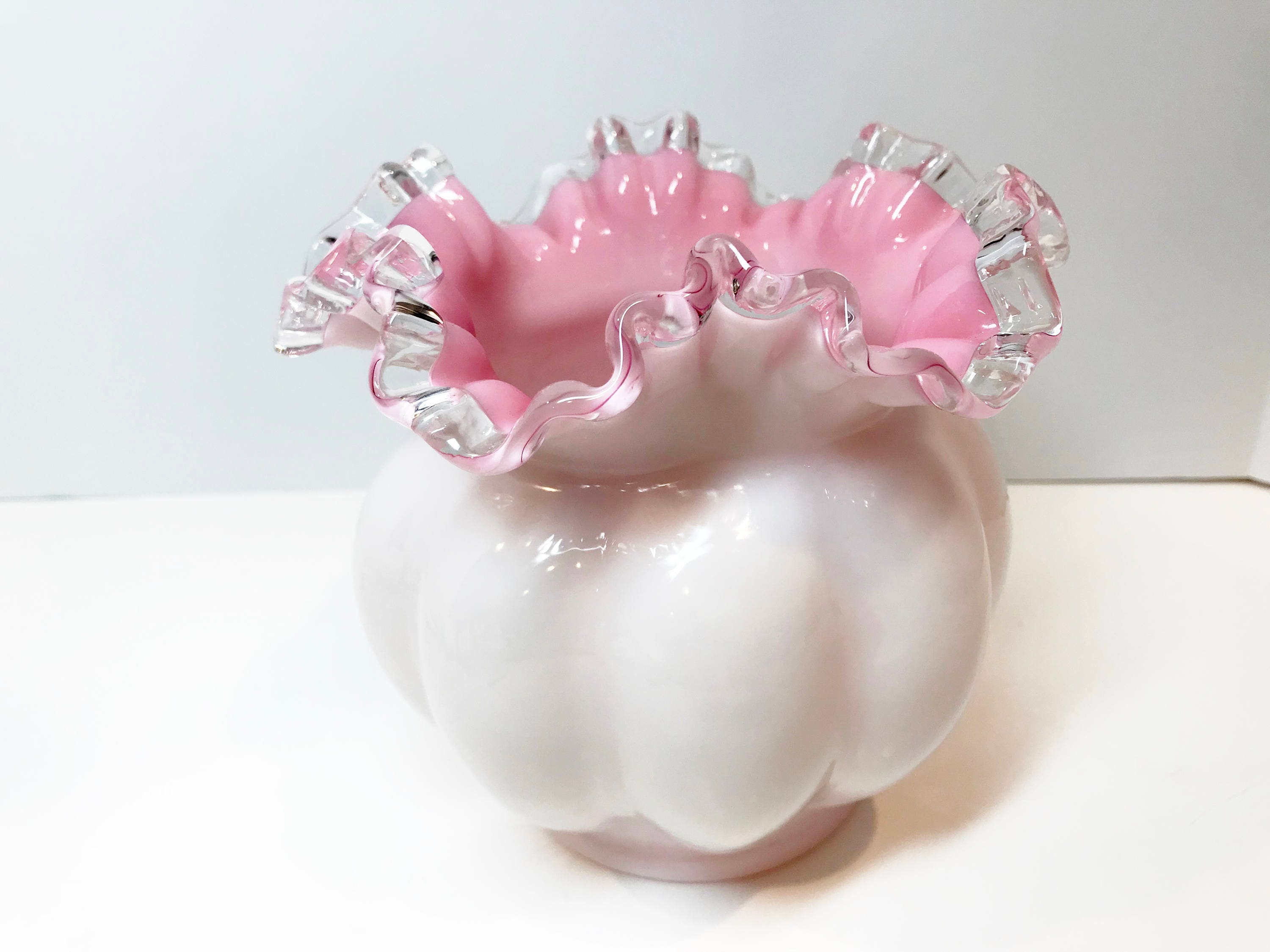 Vintage Fenton Pink and White Ruffled Edged Milk Glass Rose Bowl, Mid