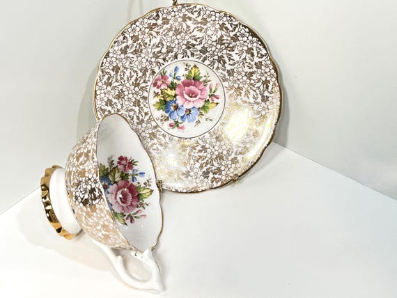 English Teacup and Saucer, Gold Teacup, Floral Teacup, English Bone China, Anniversary Gift, Gift for Friend, Gift for Her