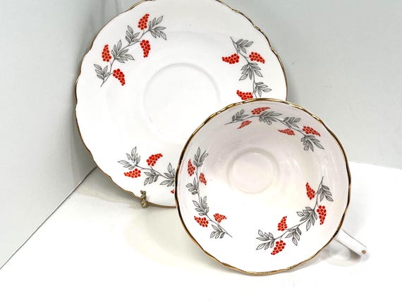 Crown Staffordshire Teacup and Saucer, Staffordshire Teacup, Orange White Teacup, Gift for Friend, Gift for Her, Housewarming Gift