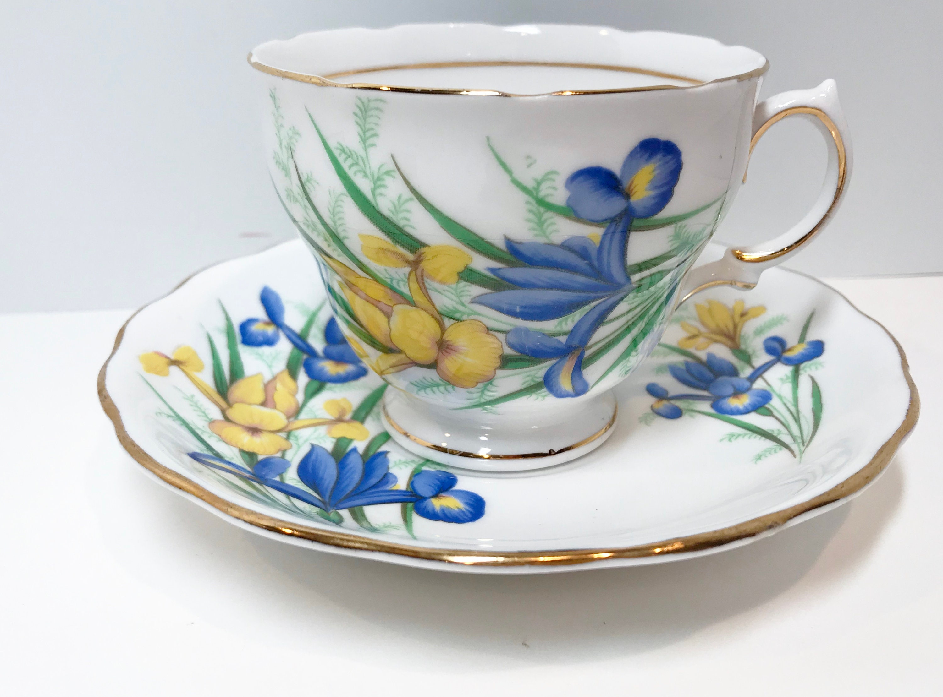 Blue Yellow Iris Teacup, Royal Vale Teacup and Saucer, Antique Teacups