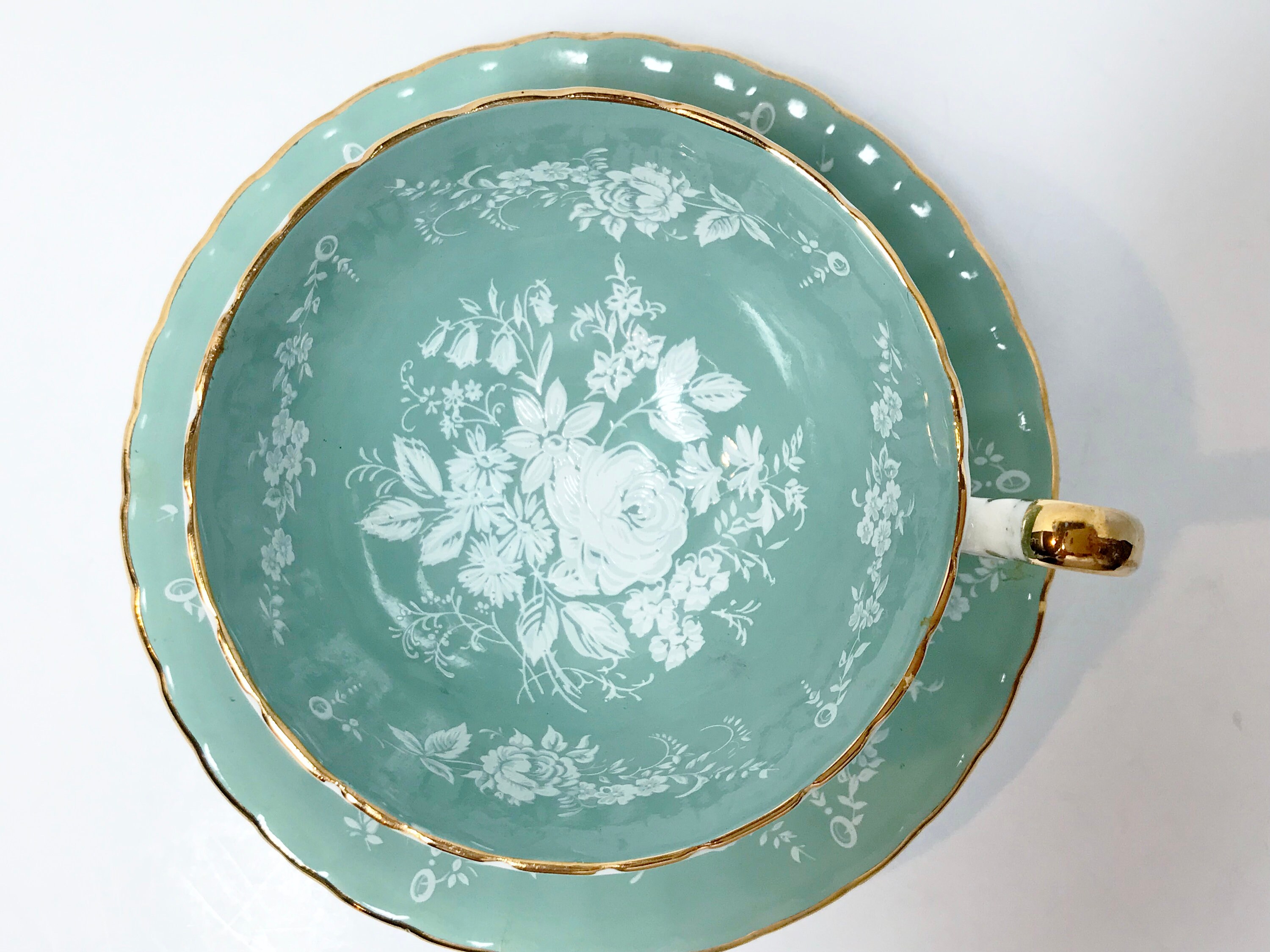 Seafoam Green Aynsley Tea Cup and Saucer, Oban Shape, Sage