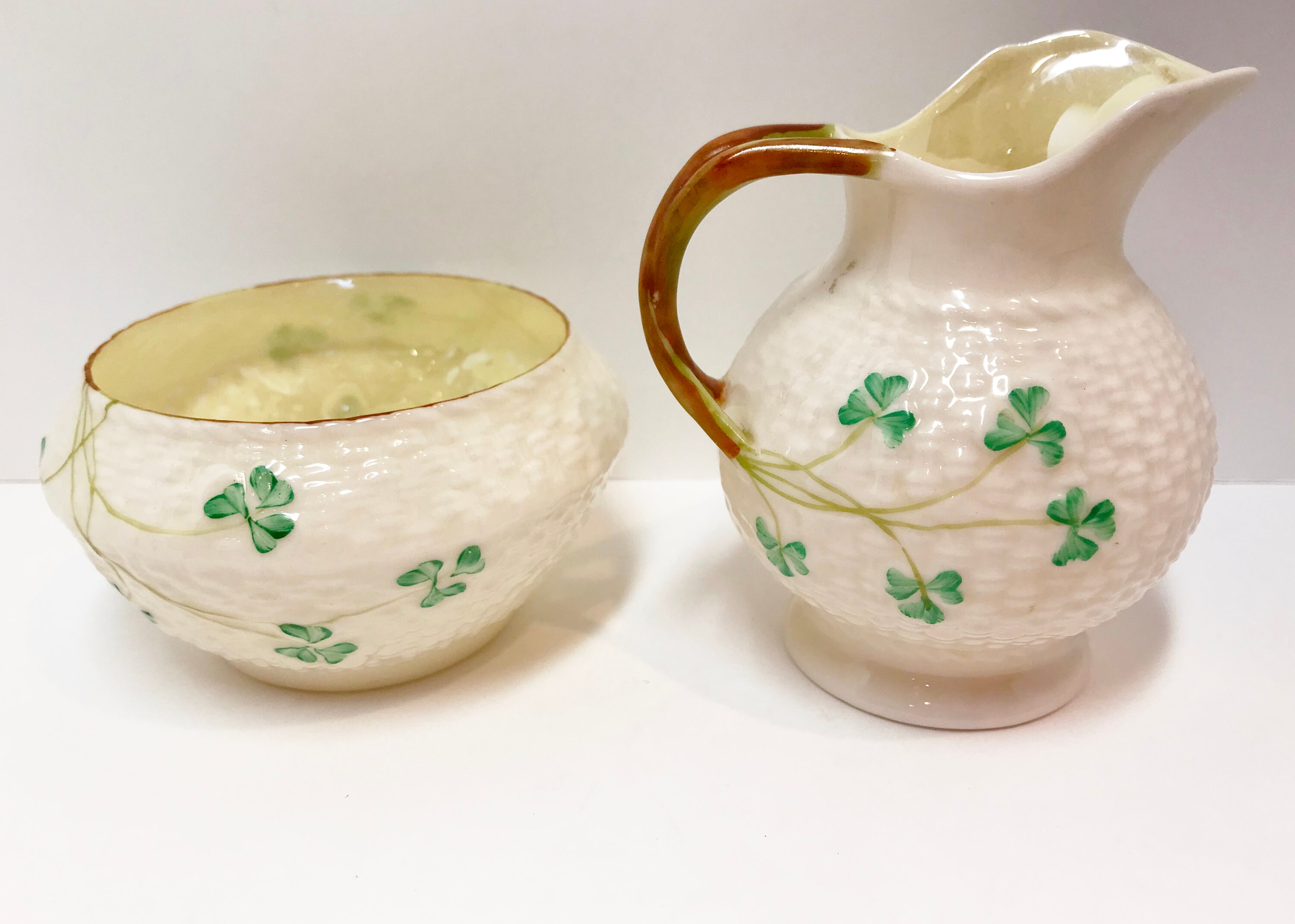 Belleek Sugar Bowl and Creamer, Shamrock Ware Set, Irish Creamer, Green