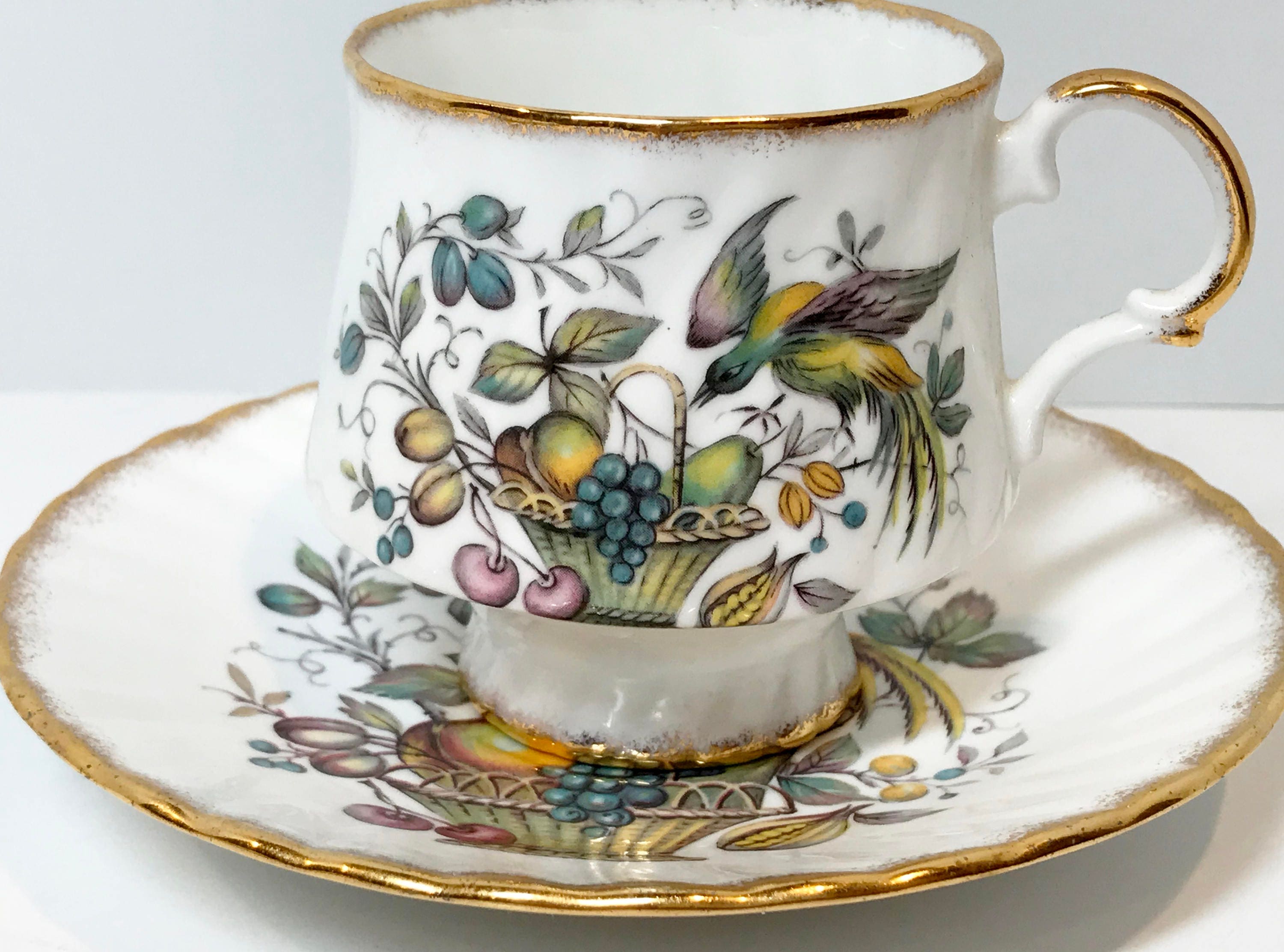 Spring Flowers with Bird Fine Porcelain Latte Cup and Saucer, Set of 1 (1 Cup with 1 Saucer)