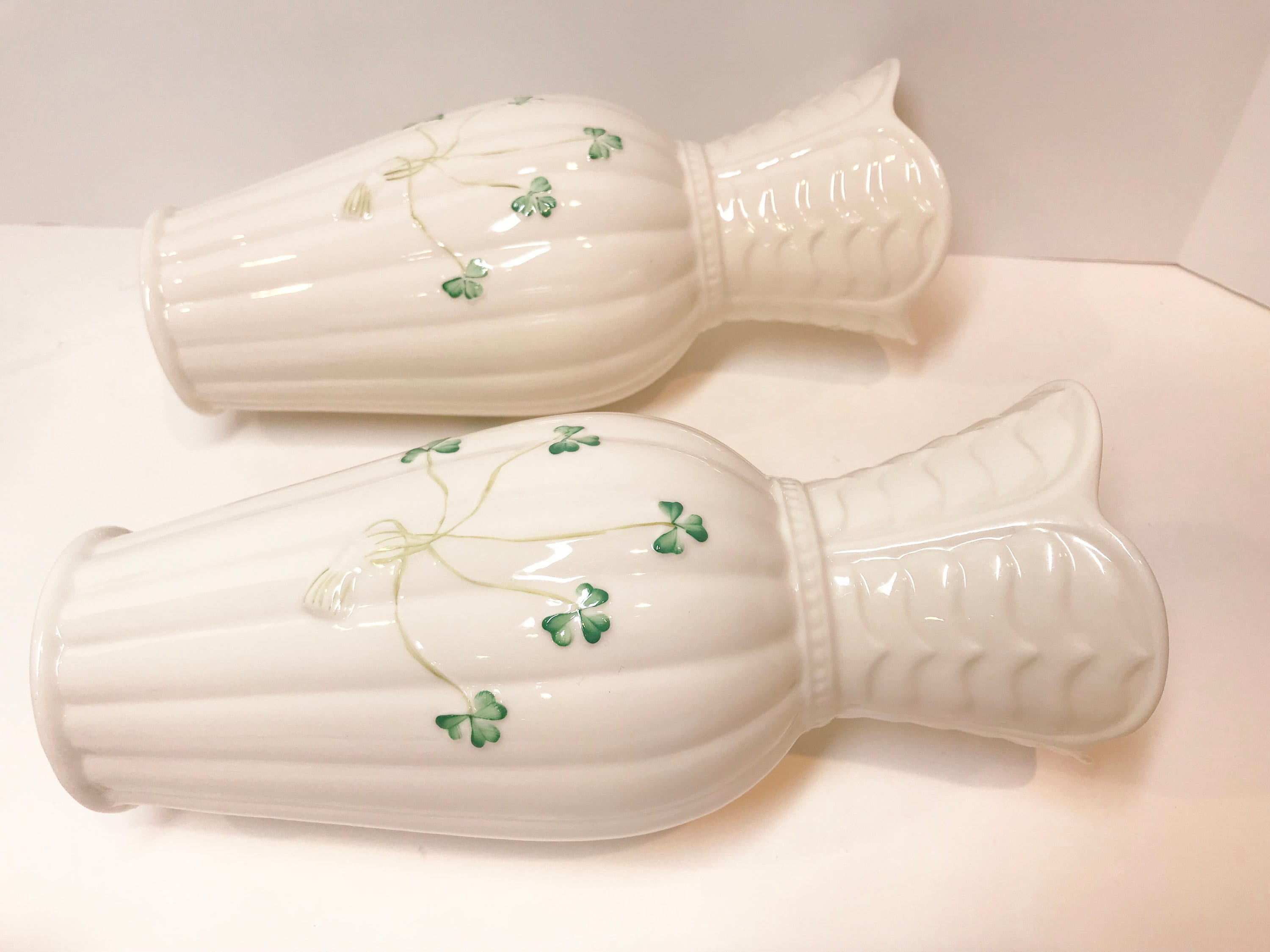 Reserved for SR, Pair Shamrock Belleek Vases, Corrib Vases, Belleek