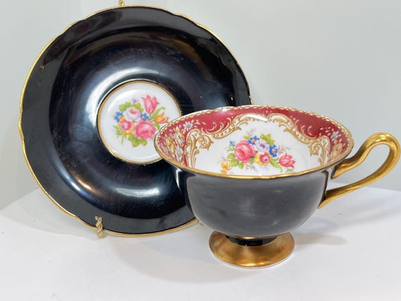 Shelley Regal, Shelley Teacup and Saucer, Black Gainsborough Shape, Shelley Cups, Shelley China, Anniversary Gift, Gift for Him