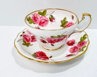 Foley Teacup and Saucer , Artist Signed Teacup , Floral Teacup , Pink Rose Teacup , Century Rose Pattern , Anniversary Gift for Her
