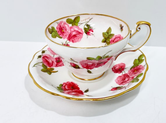 Foley Teacup and Saucer , Artist Signed Teacup , Floral Teacup , Pink Rose Teacup , Century Rose Pattern , Anniversary Gift for Her