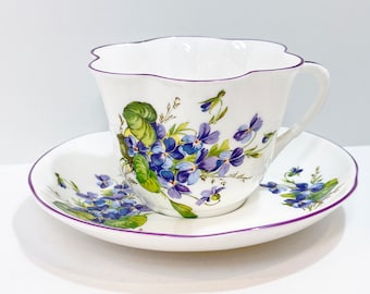 Crown Staffordshire Teacup and Saucer , Violet Tea Cup , English Bone China , Floral Teacup ,  Hand Painted , Friendship Gift for Her