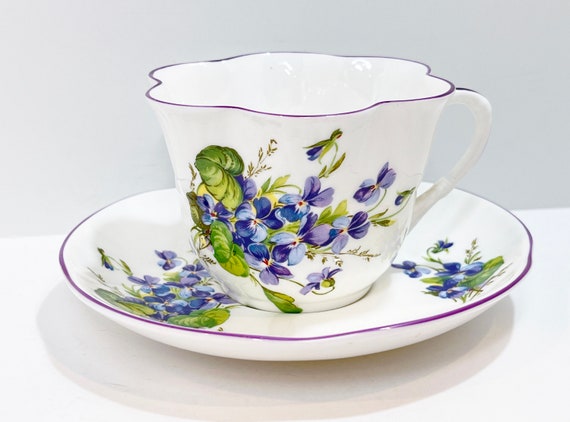 Crown Staffordshire Teacup and Saucer , Violet Tea Cup , English Bone China , Floral Teacup ,  Hand Painted , Friendship Gift for Her