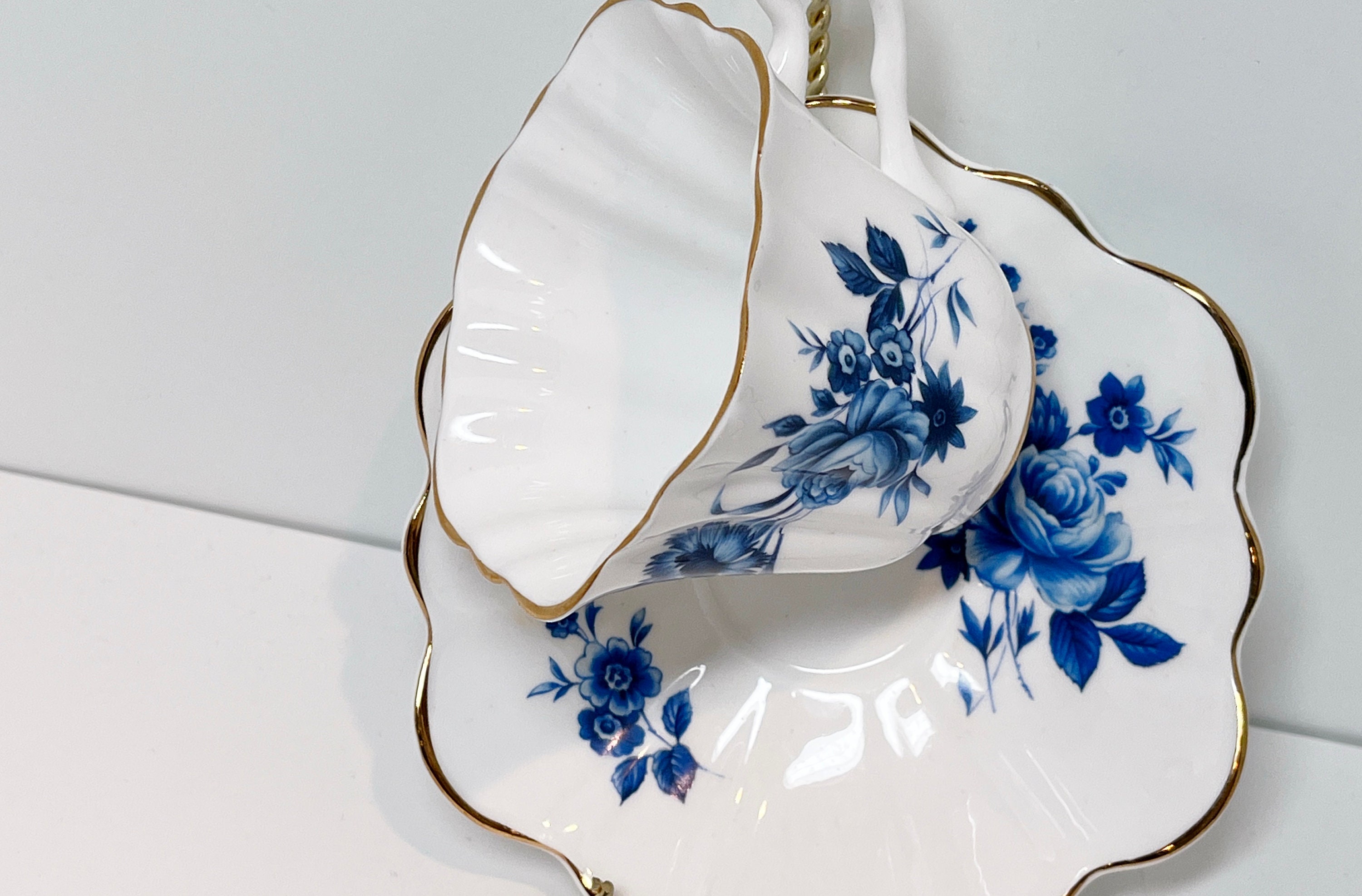 Crown Teacup and Saucer, Blue White Ware Teacups, Vintage Teacups, Blue