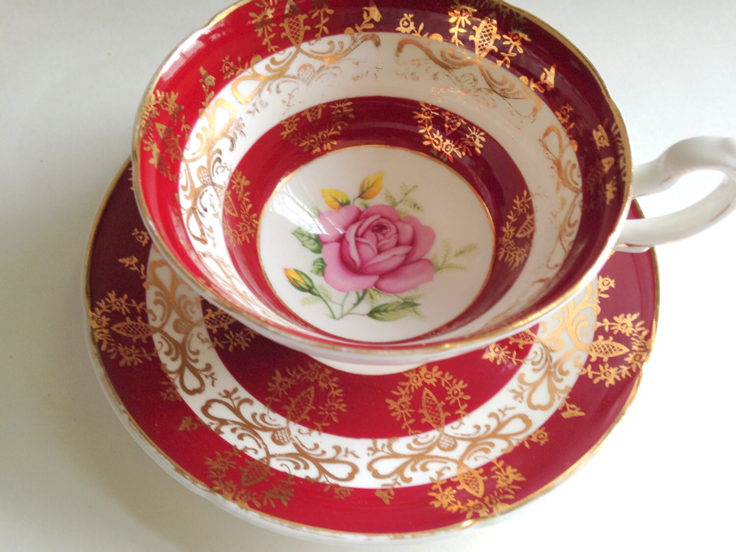 Crimson Pink Rose Royal Grafton Tea Cup and Saucer, Tea Set, Teacup and