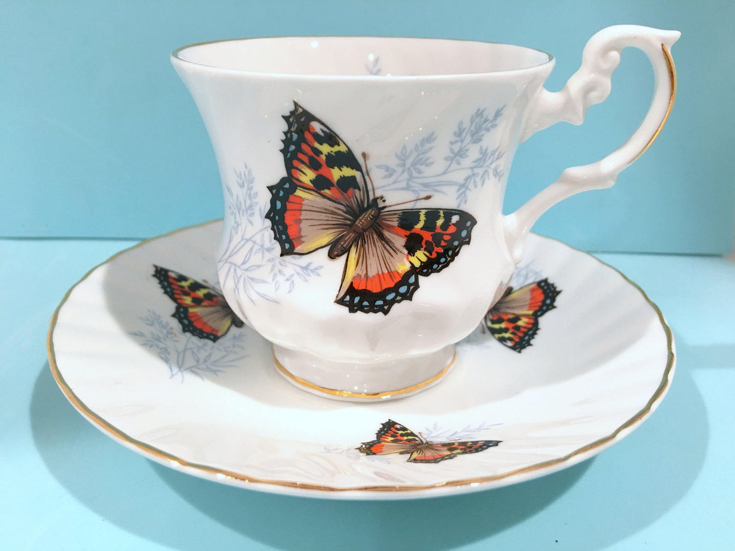 Butterfly Tea Cup and Saucer, Royal Dover Teacup, Bone China Tea Set