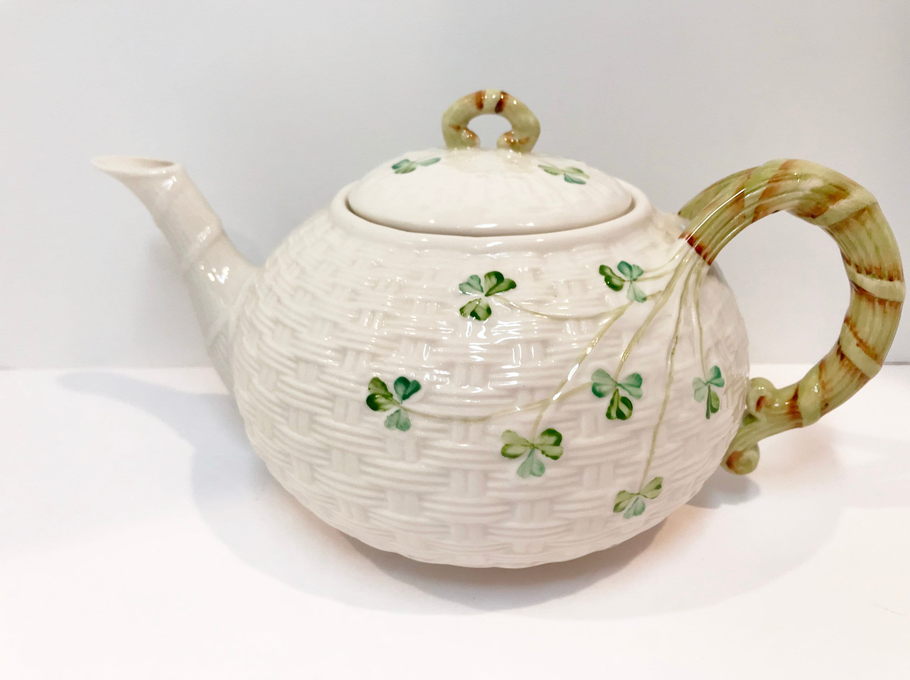 Large Shamrock Belleek Teapot, Shamrock Belleek, Blue Mark Belleek