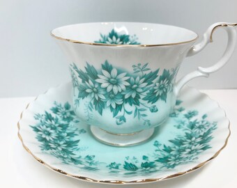 Nocturne Royal Albert Tea Cup and Saucer  Aqua Cups  Montrose Shape  Melody Series  Vintage Tea Cup Antique Teacup Gift for Her