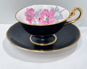 Royal Stafford Teetasse, Blumen Teetasse, schwarz rosa Teetasse, Jubiläumsgeschenk, Einweihungsparty Geschenk für sie, Abschlussgeschenk