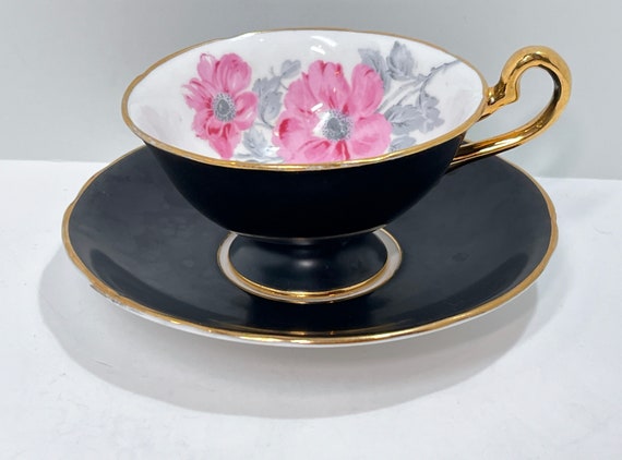 Royal Stafford Teacup , Floral Tea Cup , Black Pink Tea Cup , Anniversary Gift , Housewarming Gift for Her , Graduation Gift