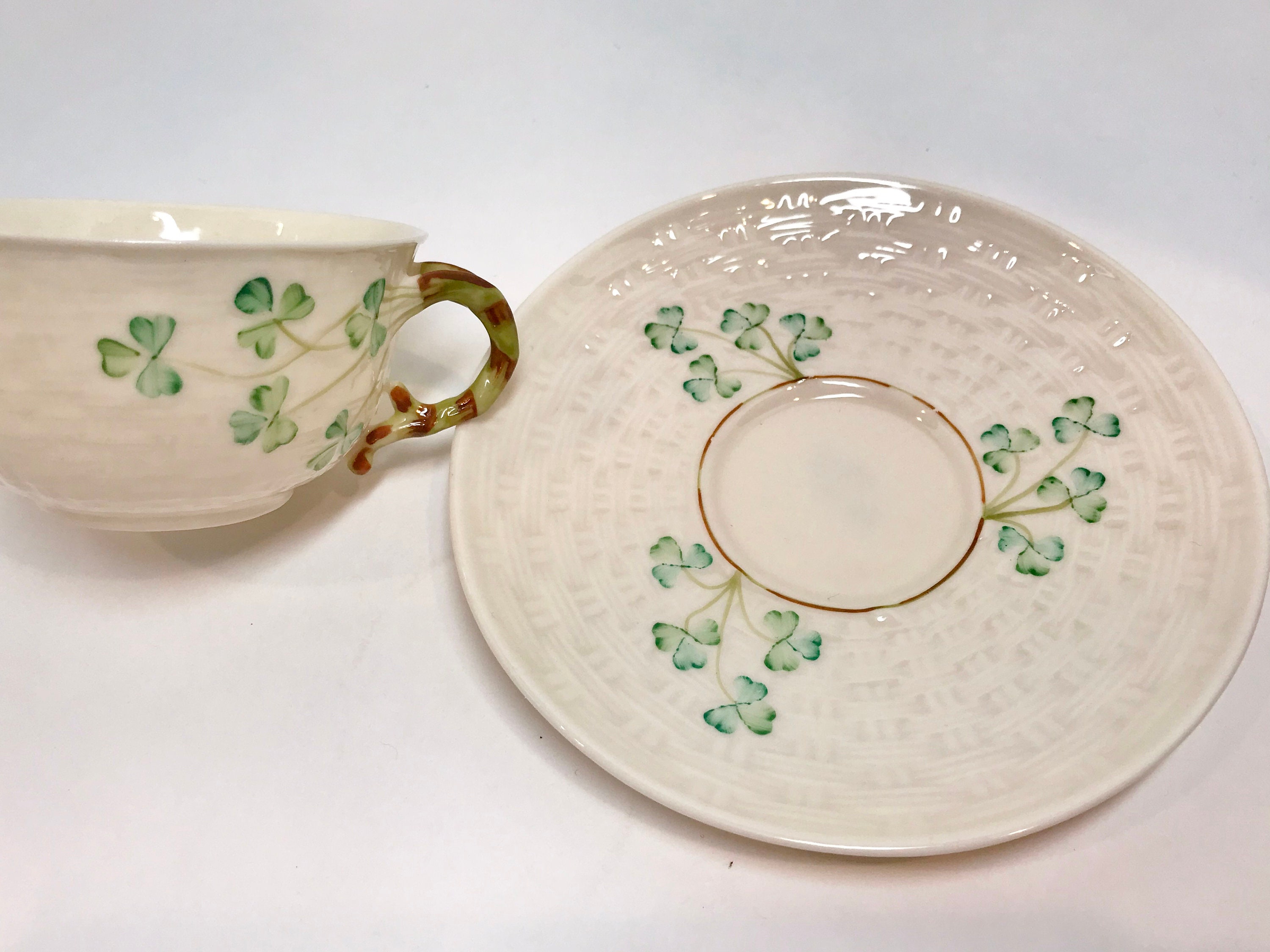 Shamrock Belleek Teacup and Saucer, Irish Tea Cup, Basket Weave Belleek ...