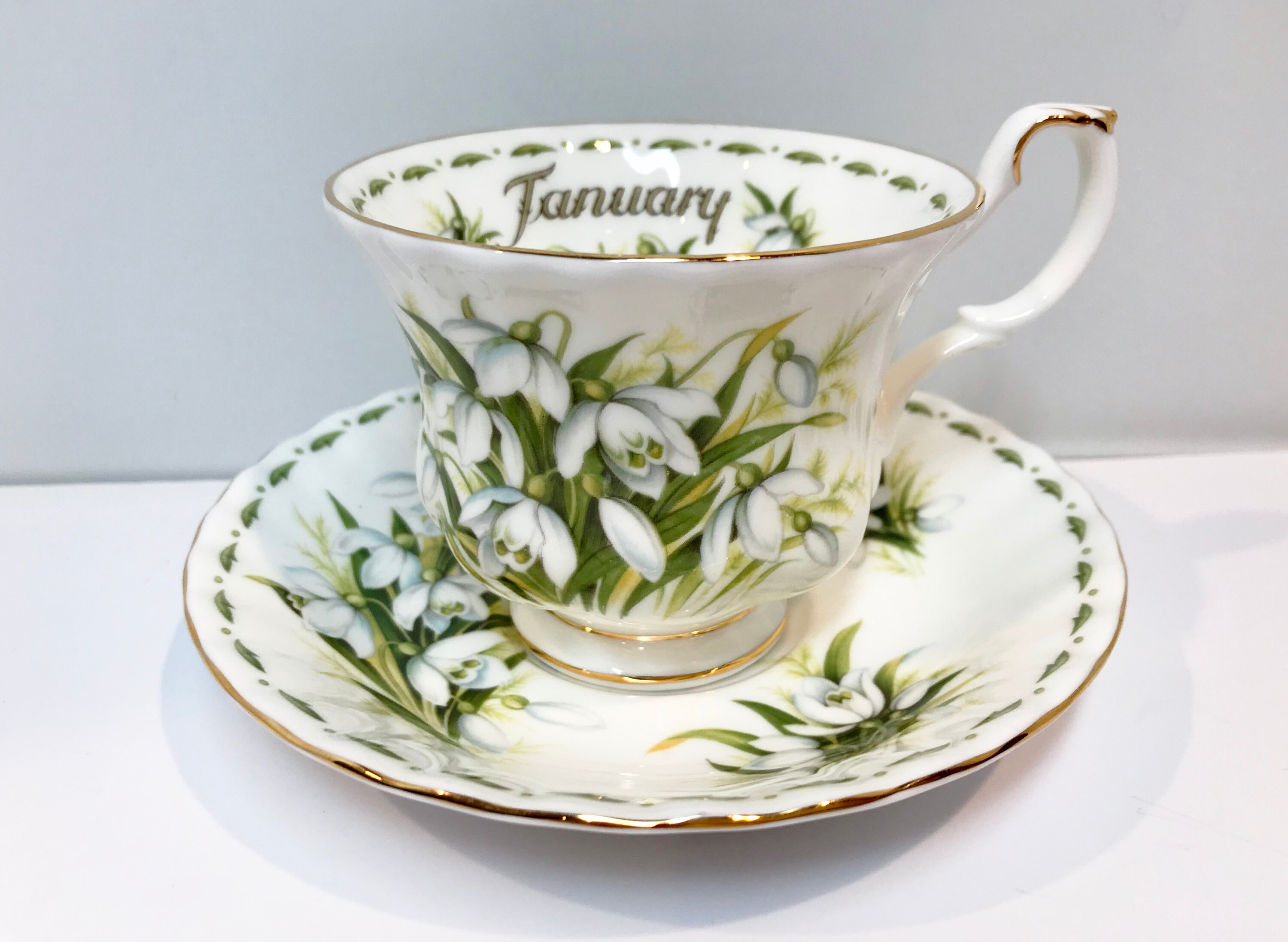 January Teacup , Royal Albert Tea Cup and Saucer , Snowdrop Pattern