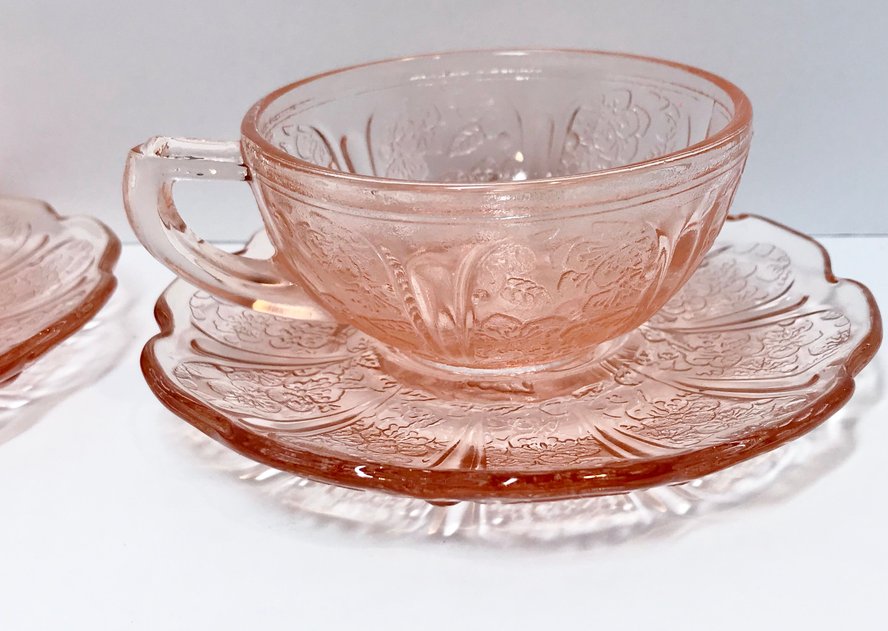 Pair of Childs Pink Cherry Blossom Teacups and Saucers, Pink Depression