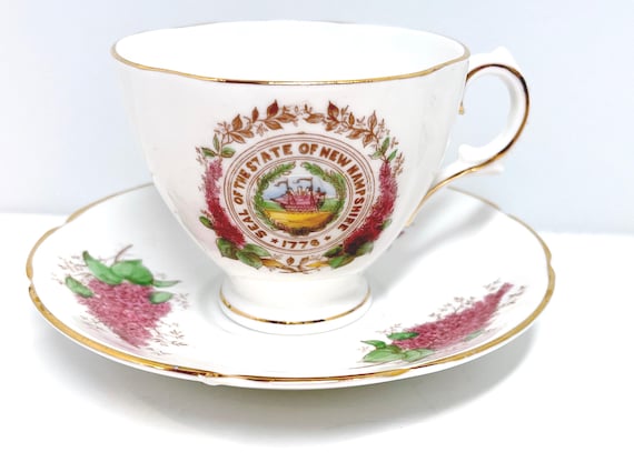 Royal Stuart Bone China Teacup: New Hampshire State Seal, Lilac Design