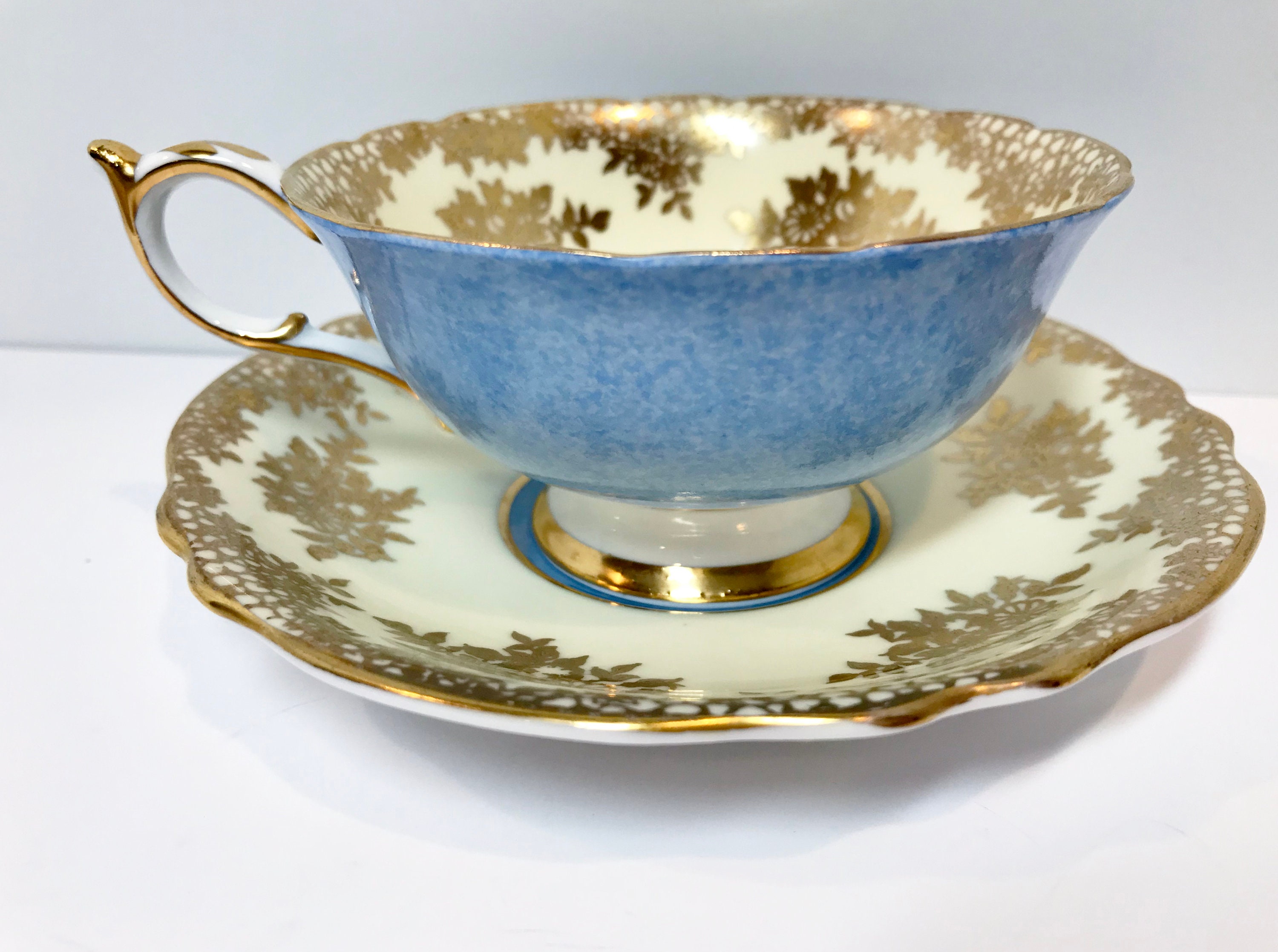 Paragon Tea Cup and Saucer, China Tea Cups, Double Warranty, Blue Gold