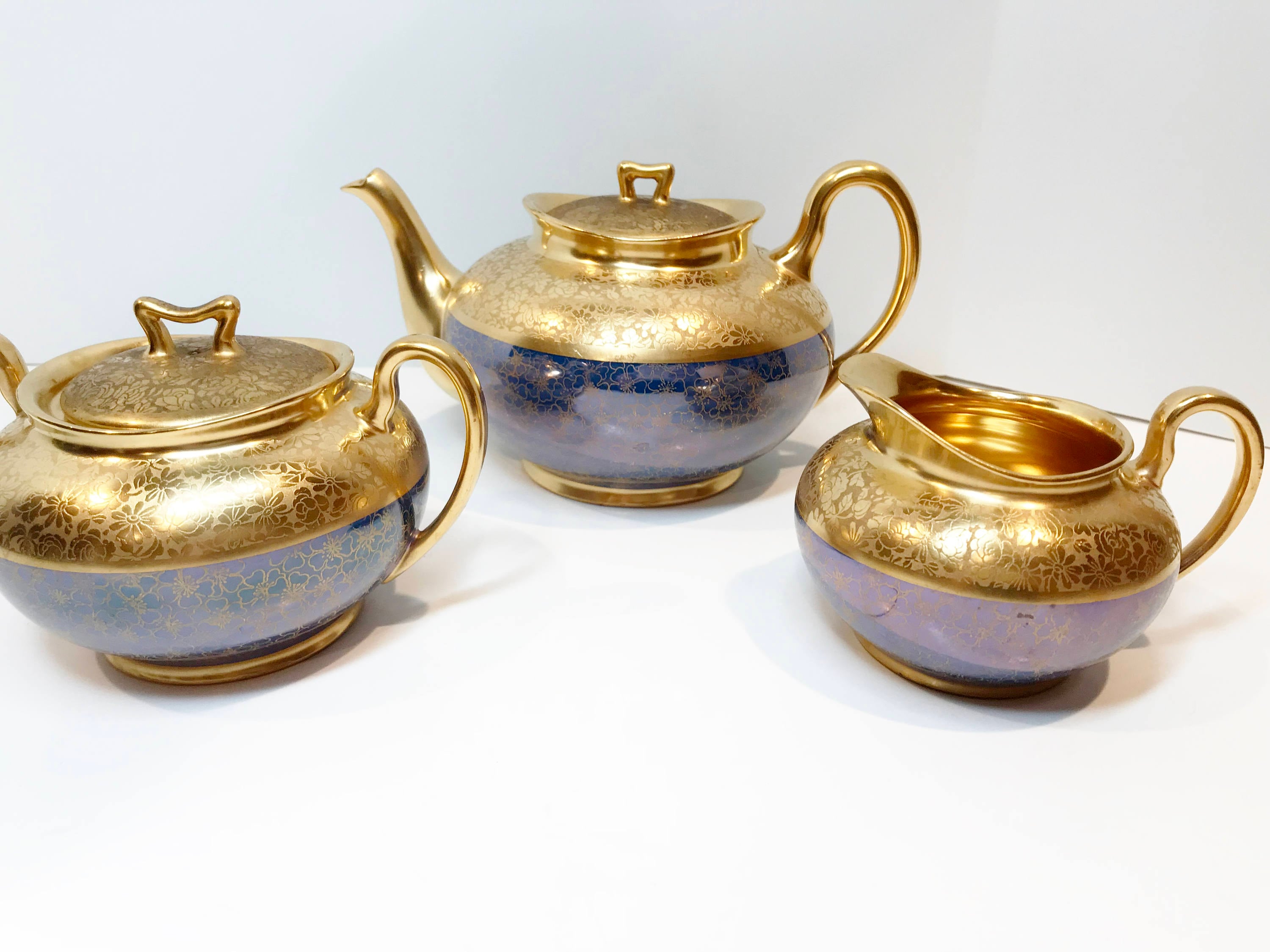 Pickard Teapot, Pickard Tea Set, Gold Blue Teapot, Creamer Sugar Teapot