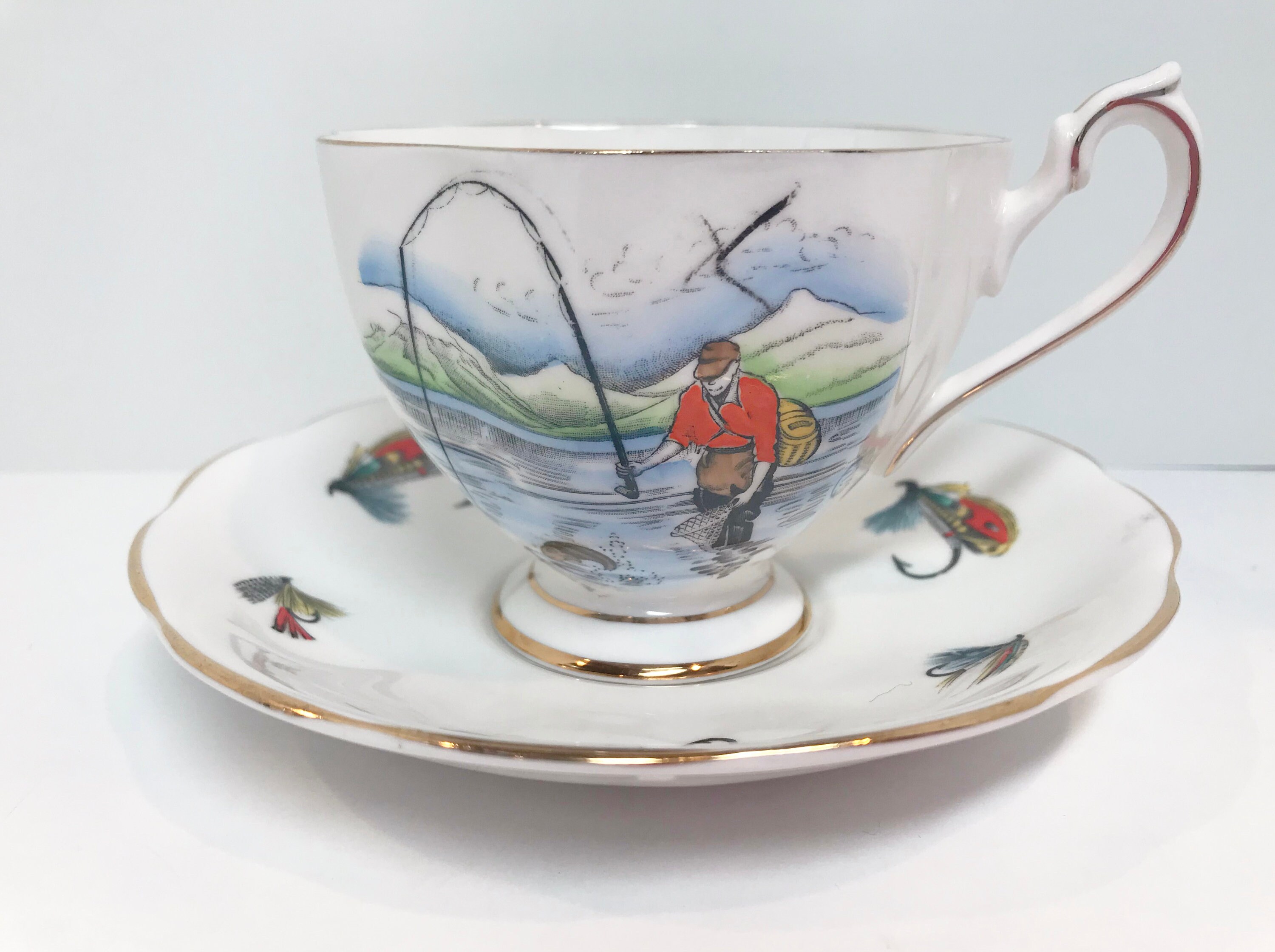 Fisherman Teacup, Fishing Lures, Queen Anne Tea Cup, New Brunswick Cup
