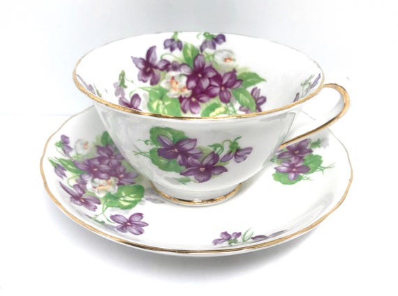 Tuscan Teacup and Saucer, Violet Teacup, Floral Teacup, Vintage Teacup, Gift for Her, Hostess Gift , February Birthday Gift