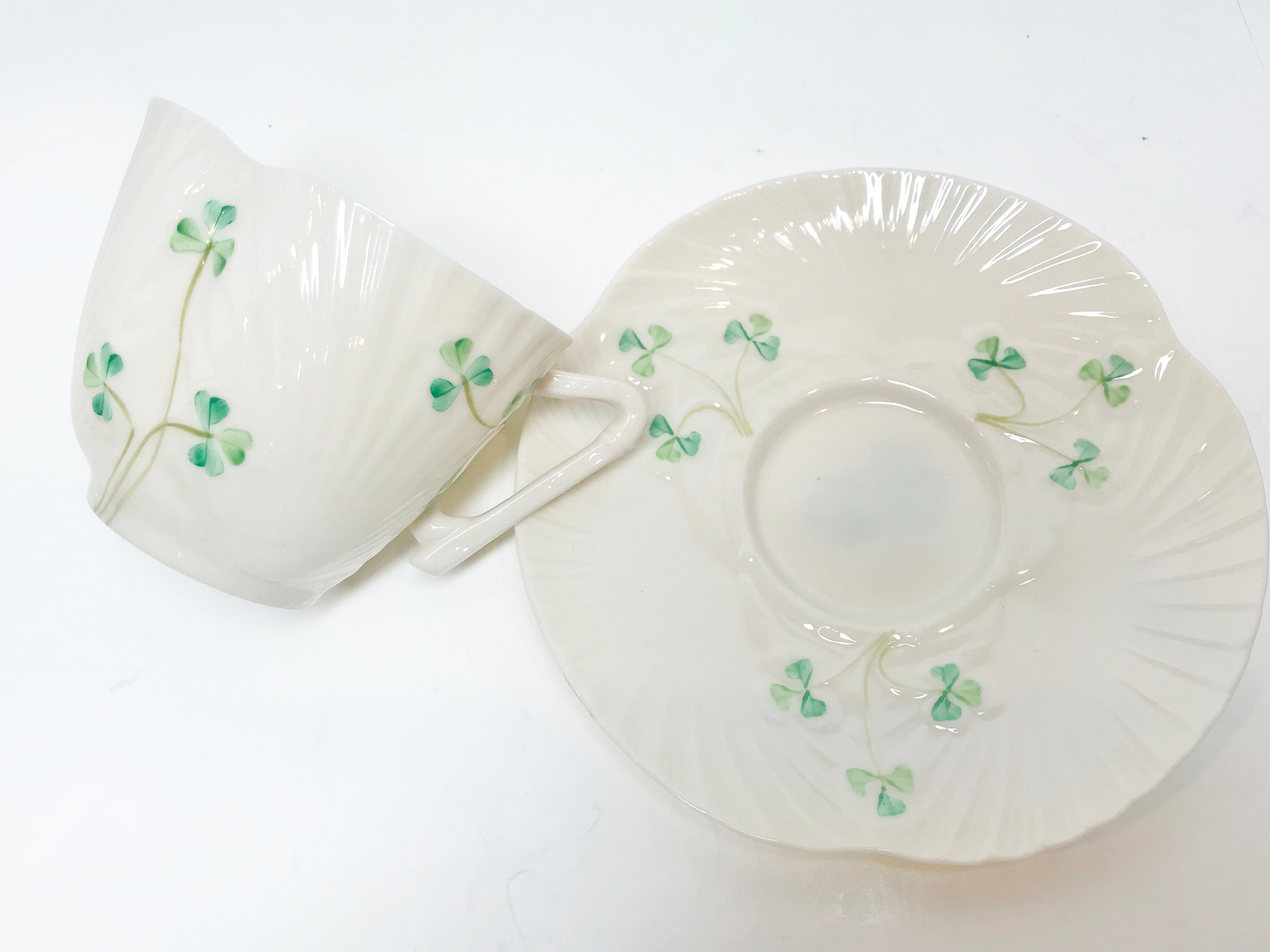 Harp Shamrock Ware, Set of 4, Belleek Tea Cup and Saucer, Irish Tea Cup