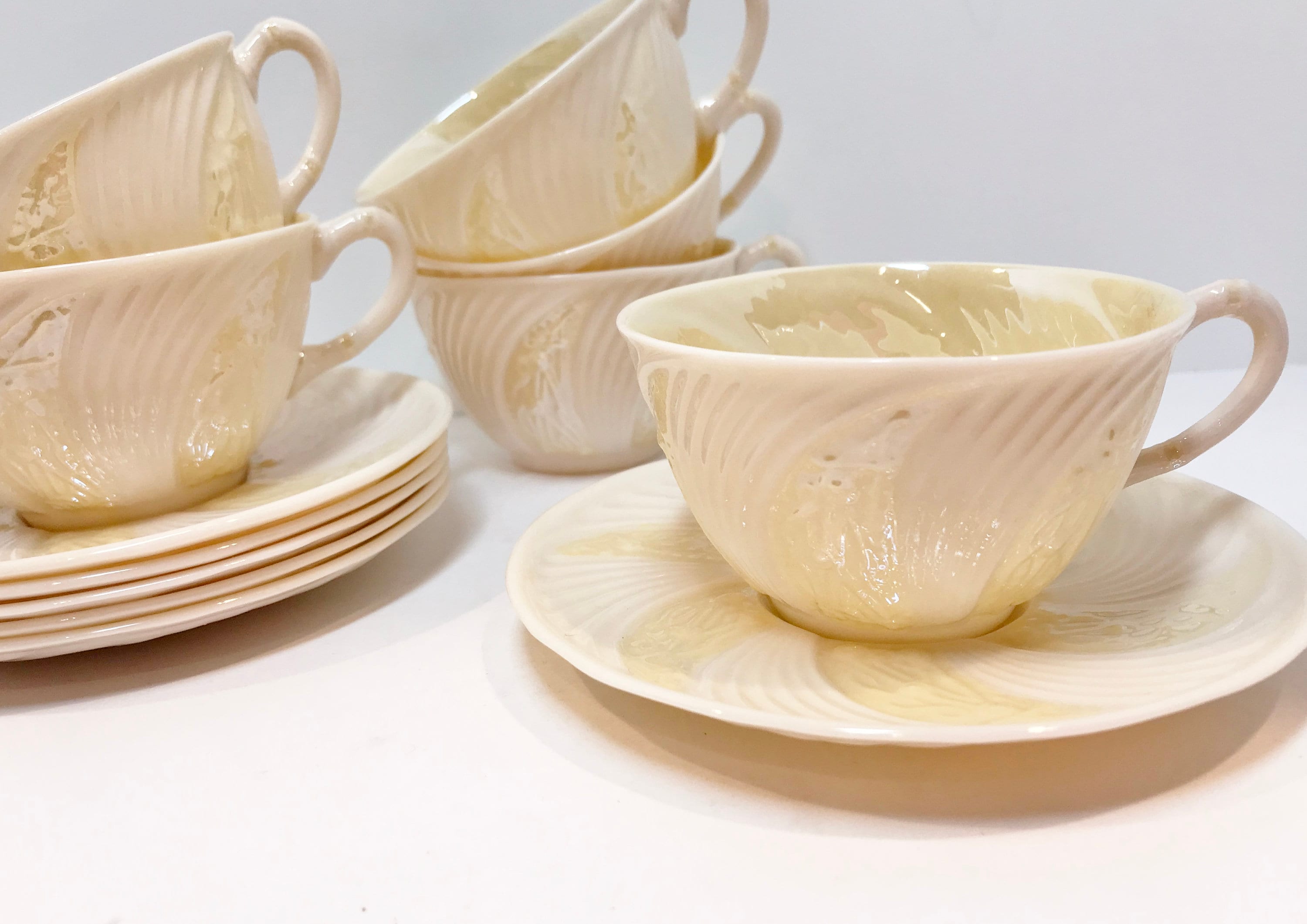 Set of Six Belleek Celtic Low Ware Teacups and Saucers, Belleek