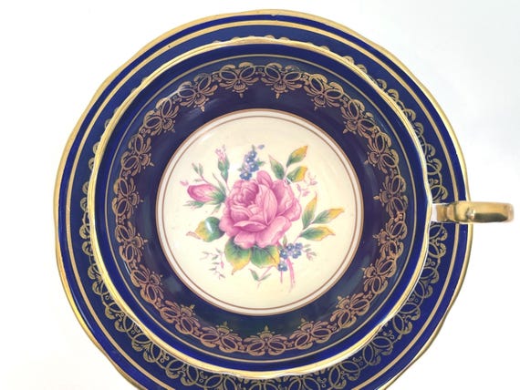 Hand Painted Aynsley Teacup and Saucer, English Teacup, Pink Rose Teacup, Navy Gold Teacup, Gift for Her, Anniversary Gift, Birthday Gift
