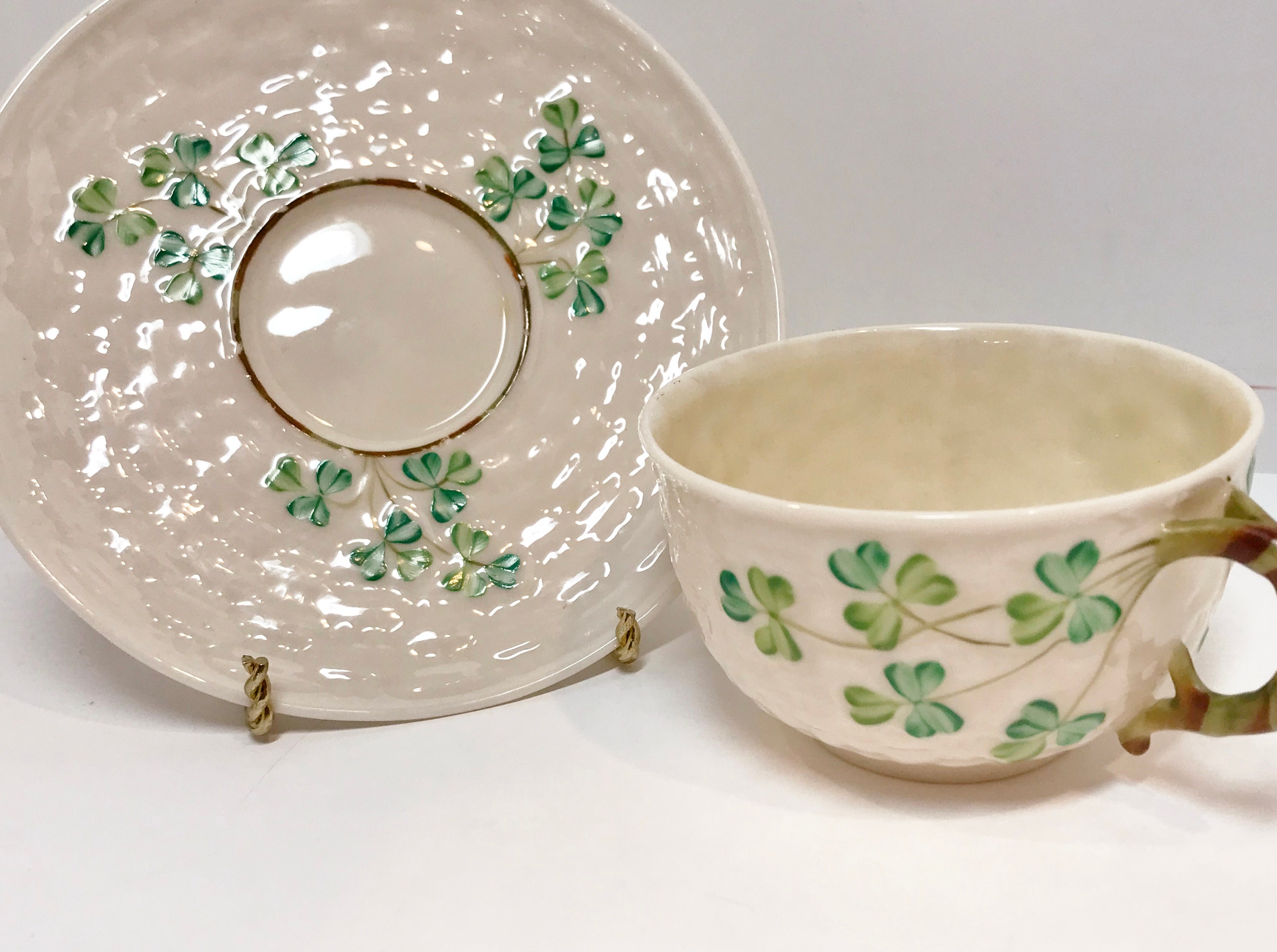 Black Mark Shamrock Belleek Tea Cup and Saucer, Belleek Teacup, Basket
