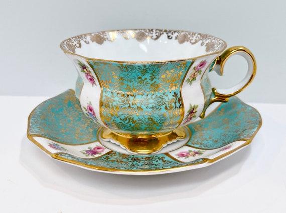 Collingwoods Teacup and Saucer , Aqua Gold Teacup , Antique Tea Cup Vintage , English Bone China Teacups , Floral Teacup , Paneled Teacup