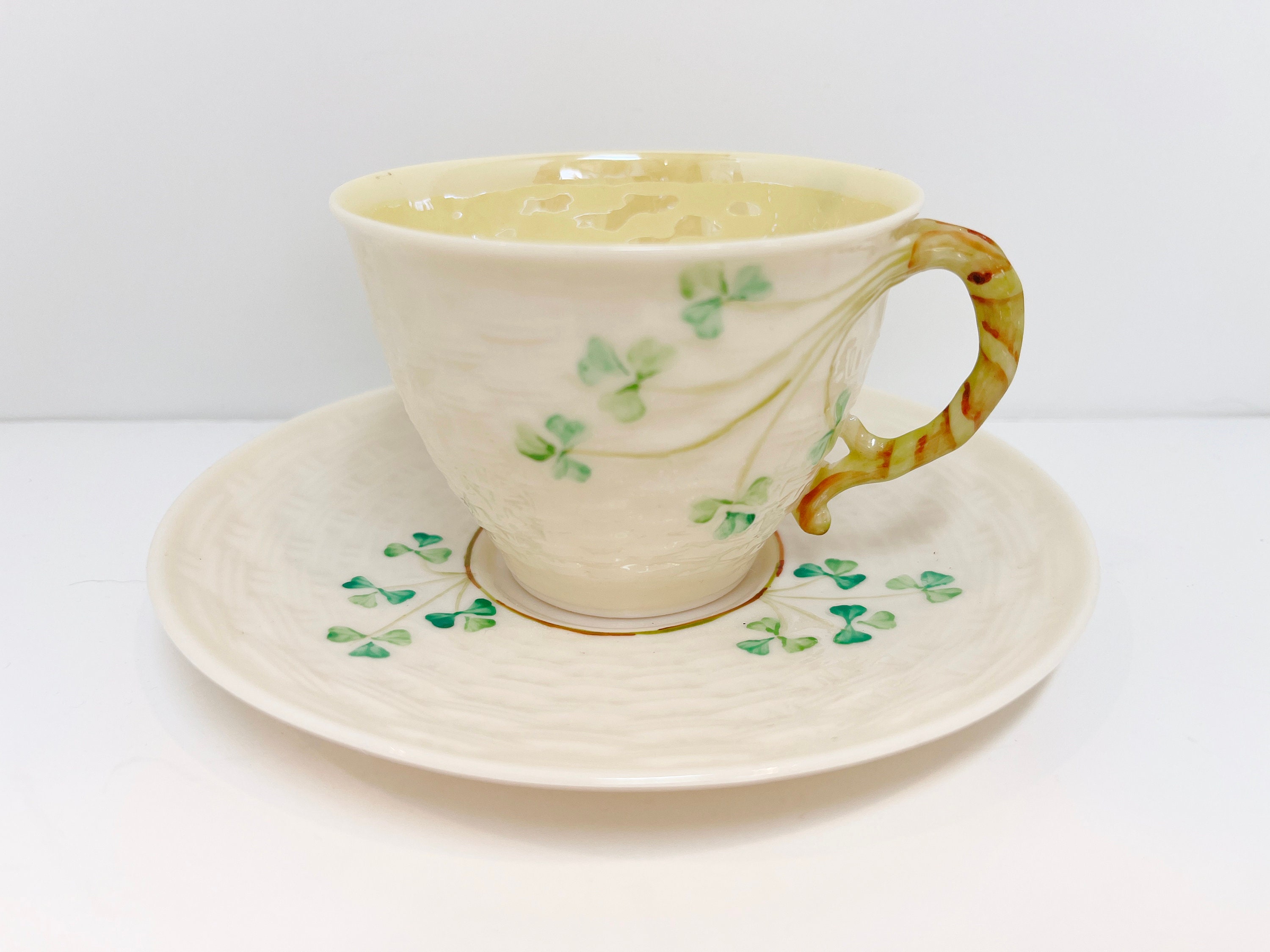 Shamrock Belleek Tea Cup and Saucer, Irish Tea Cup, Basket Weave Belleek China, Irish Porcelain