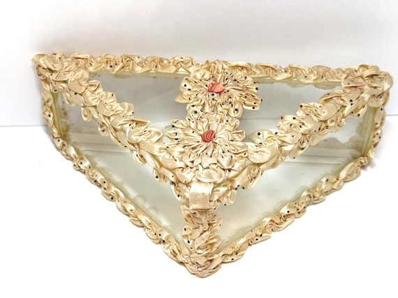 Victorian Glass Vanity Box, Hand-Applied Ribbon Trim, Boudoir Treasure (10.25" x 7.5" x 3.5")