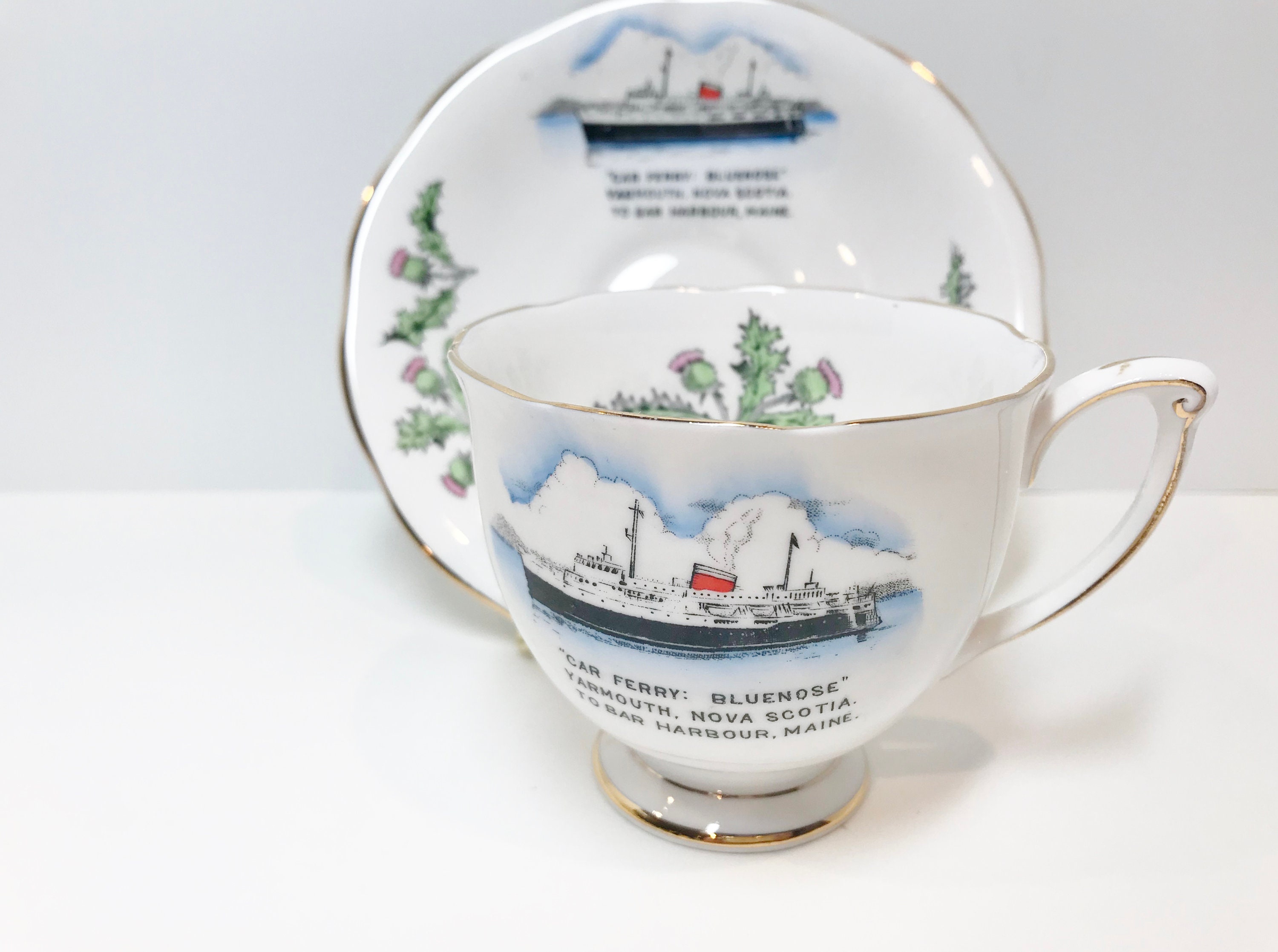 Nova Scotia Tea Cup and Saucer, Bluenose Ferry Cup, Bar Harbour Maine
