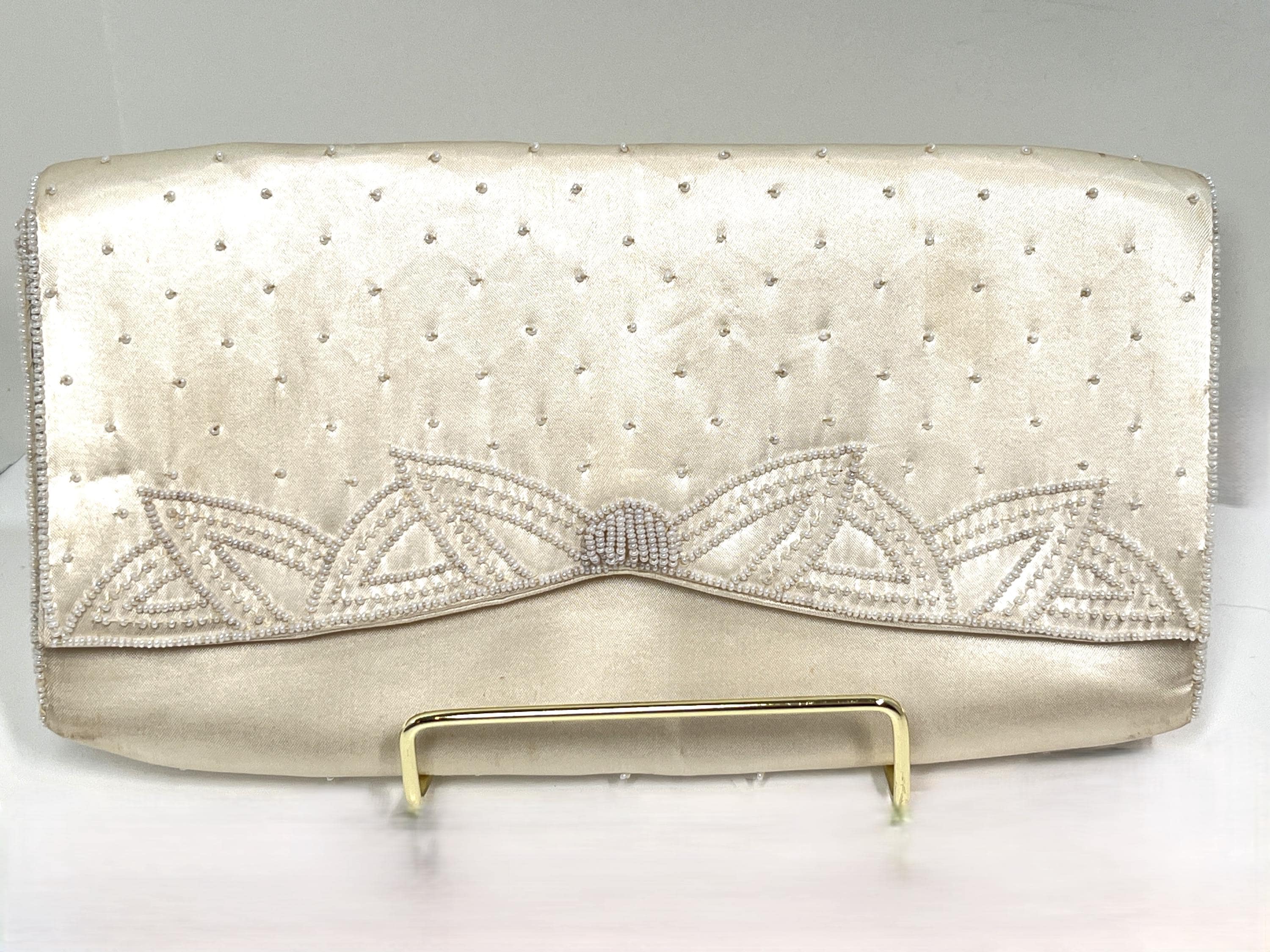 Clutch Bag Cream Satin Bag Japanese Beaded Bag Vintage Bag