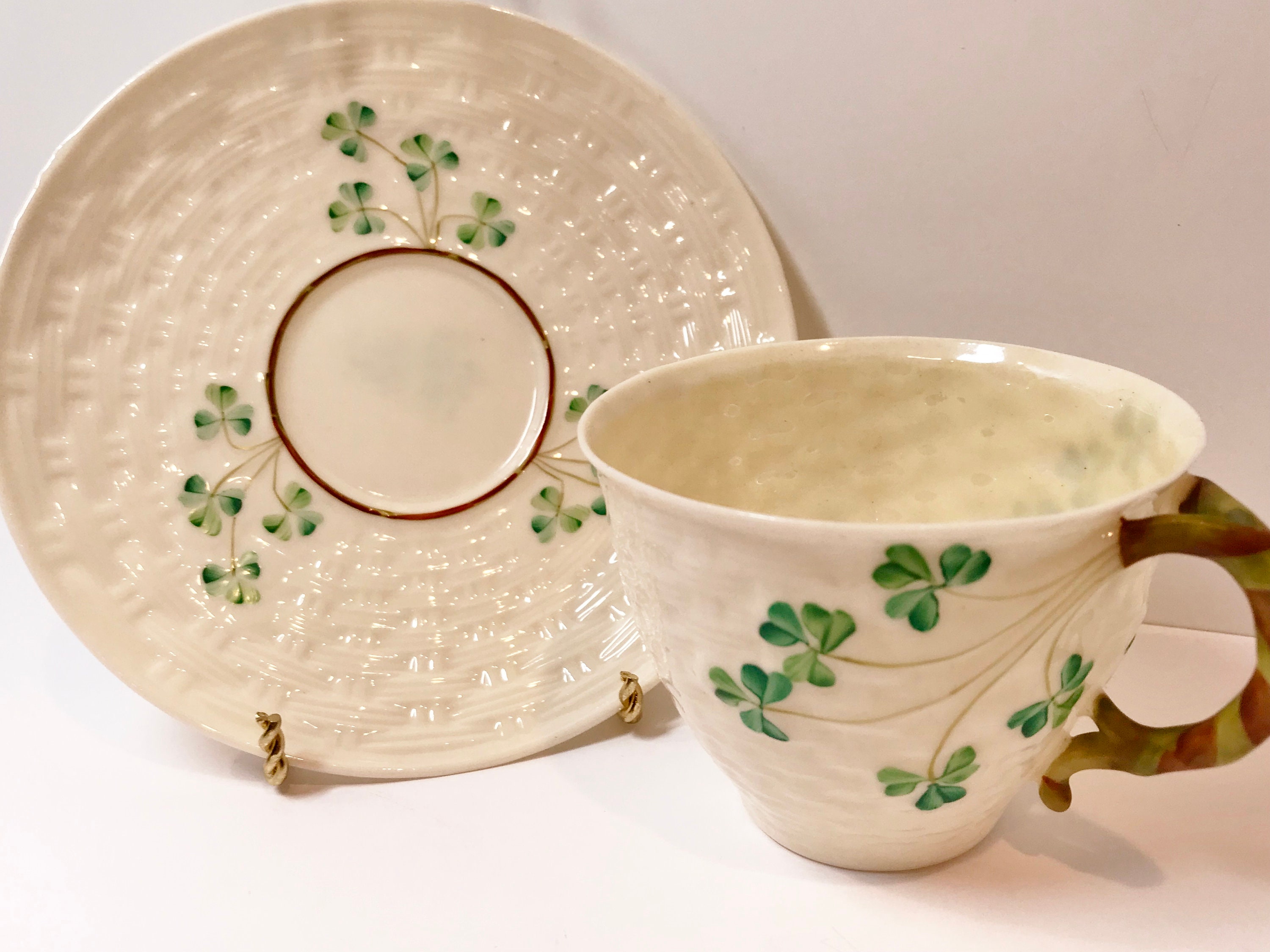Shamrock Belleek Tea Cup and Saucer, Irish Tea Cup, Basket Weave ...