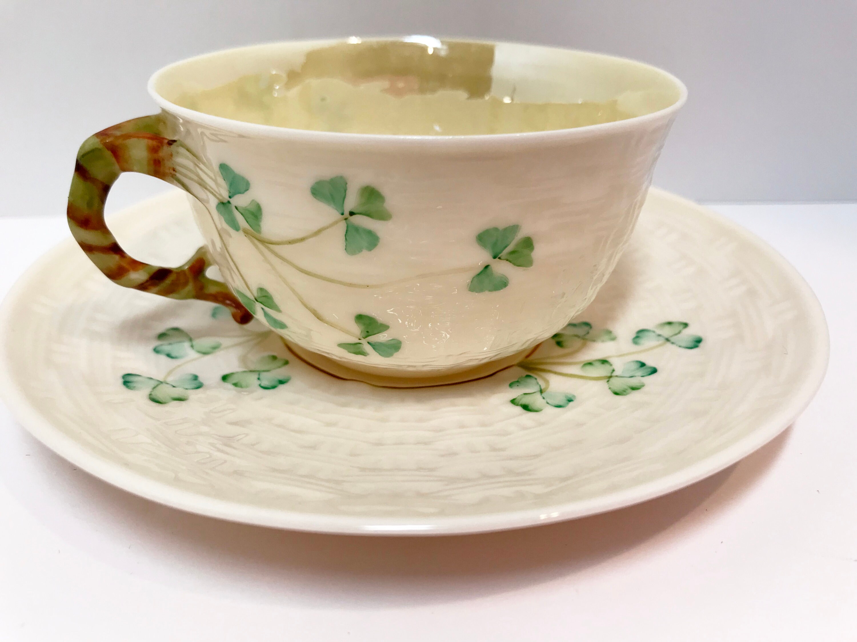 Shamrock Belleek Tea Cup and Saucer, Irish Tea Cup, Basket Weave