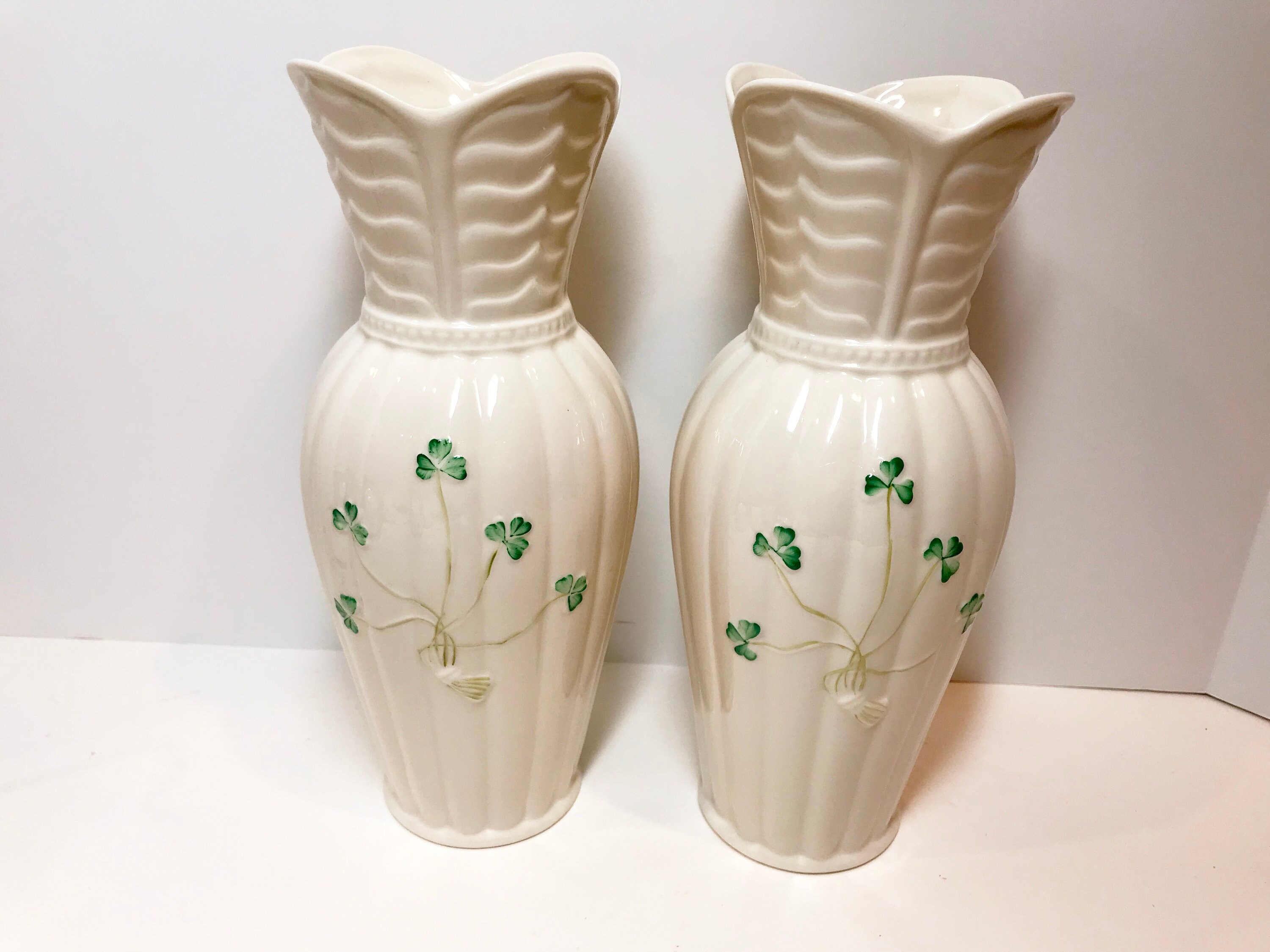 Reserved for SR, Pair Shamrock Belleek Vases, Corrib Vases, Belleek