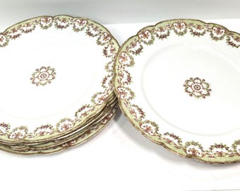 Antique Limoges Plates French Porcelain Rose Pattern Pink Ribbon Haviland China Set Vintage Dishware Green Rim Floral Dining Victorian Style