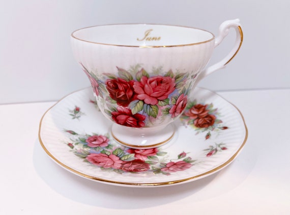 Roses June Birthday Cup, Royal Dover Teacup and Saucer, Antique Teacups, Vintage Tea Cups, Floral Tea Cups, Birthday Teacup