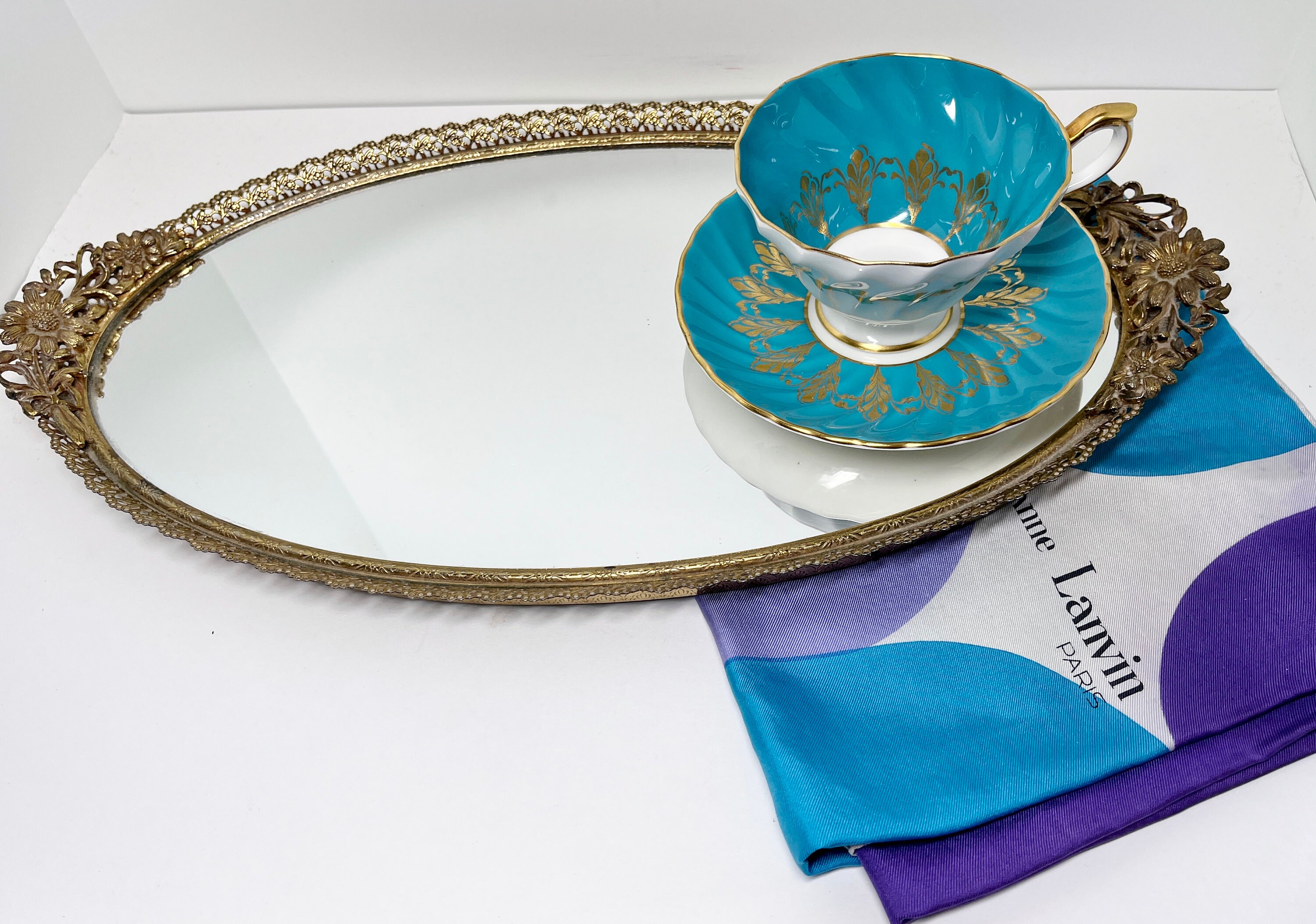 Oval Vanity Tray, Mirrored Vanity Tray, Brass Vanity Tray, Ormolu