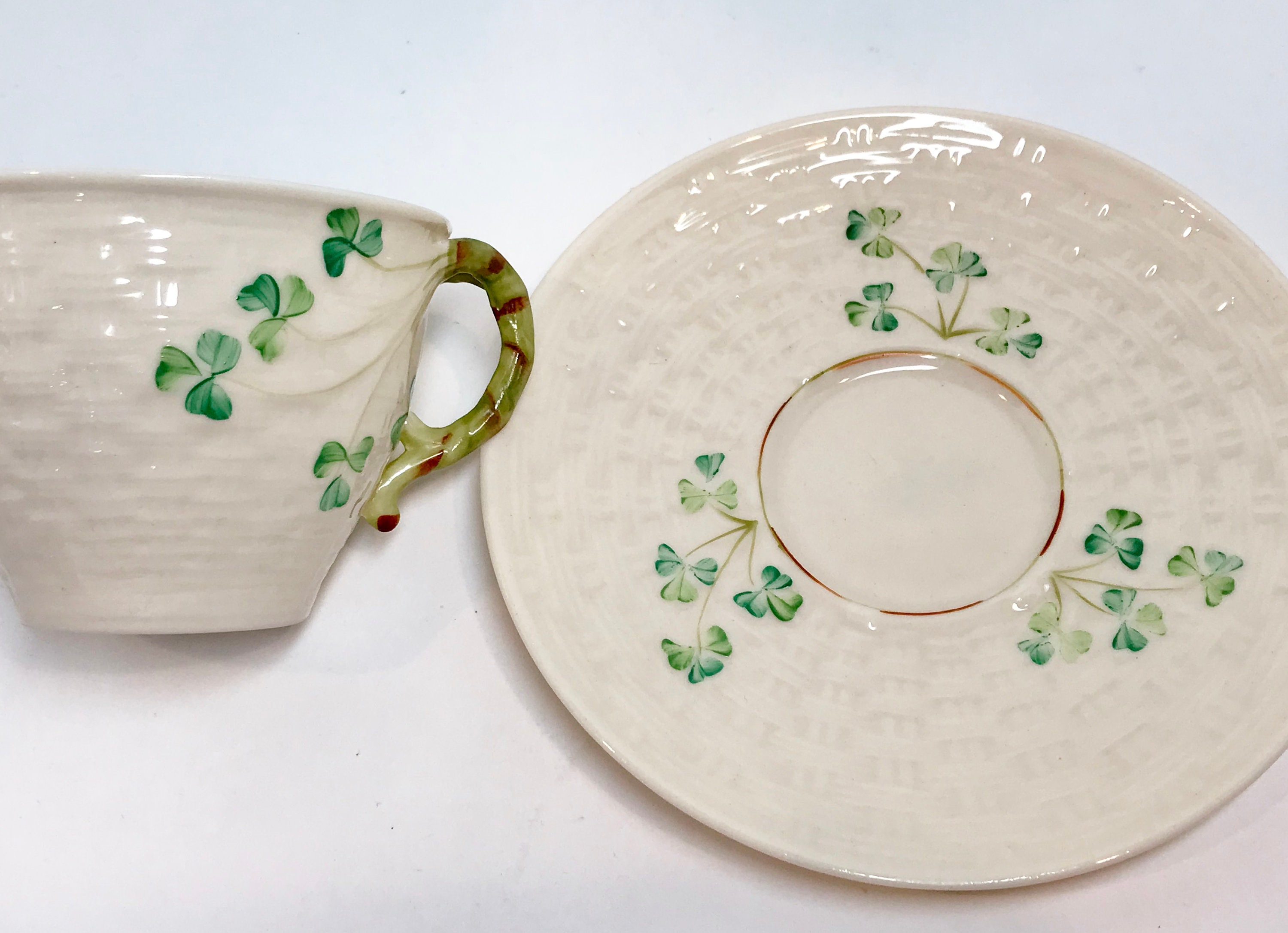 Shamrock Belleek Teacup and Saucer, Irish Tea Cup, Basket Weave Belleek ...