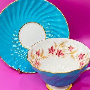 Aynsley theekop en schotel, turkoois theekopje, vintage theekopje, cadeau voor haar, theekransje, housewarmingcadeau, cadeau voor vriend, cadeau voor hem