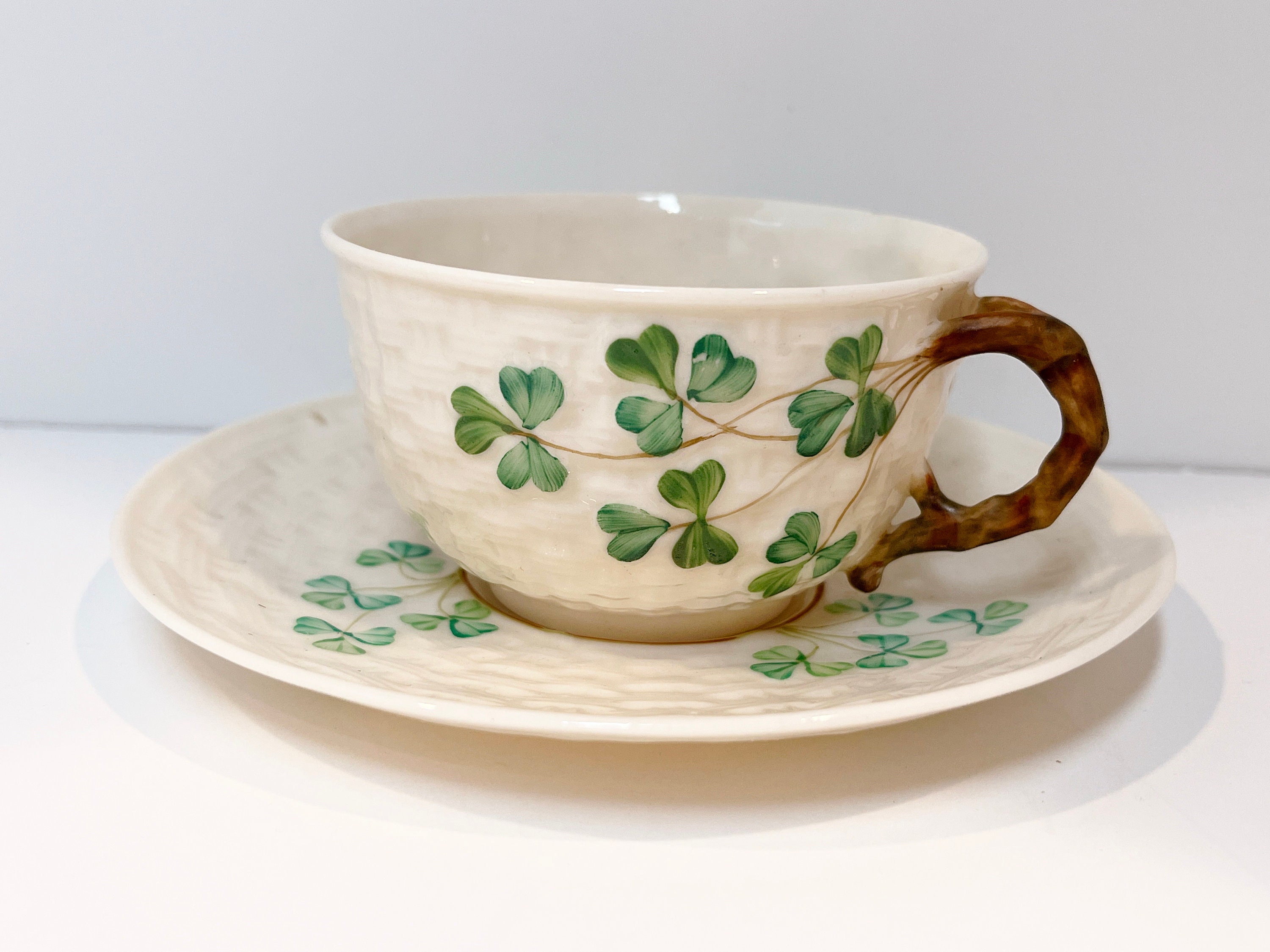 Shamrock Belleek Teacup and Saucer, Black Mark Belleek, Green Mark